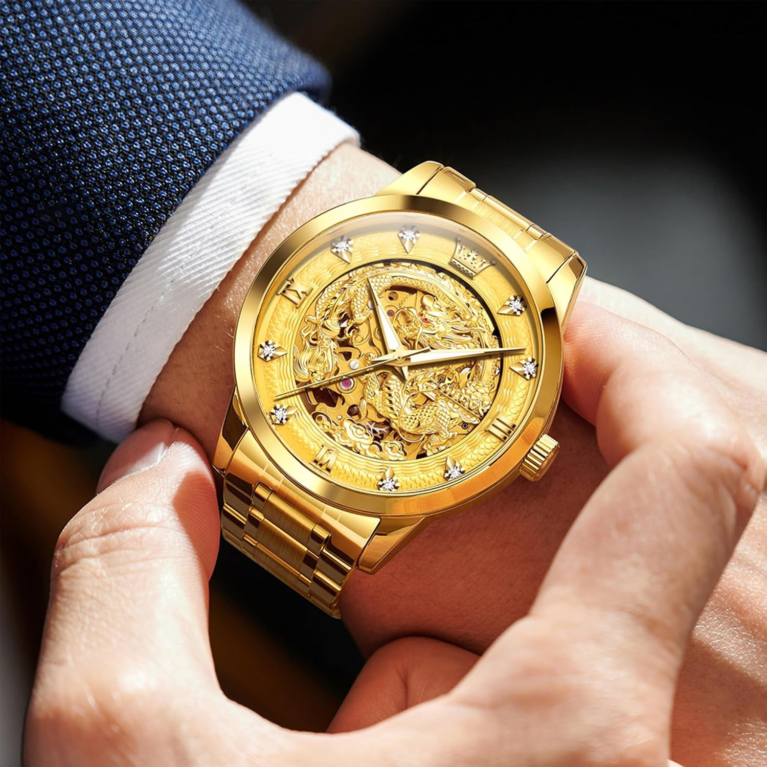 Dragon Skeleton Mens Automatic Watch 42MM Large Dial Gold Luxury Self-Winding Di
