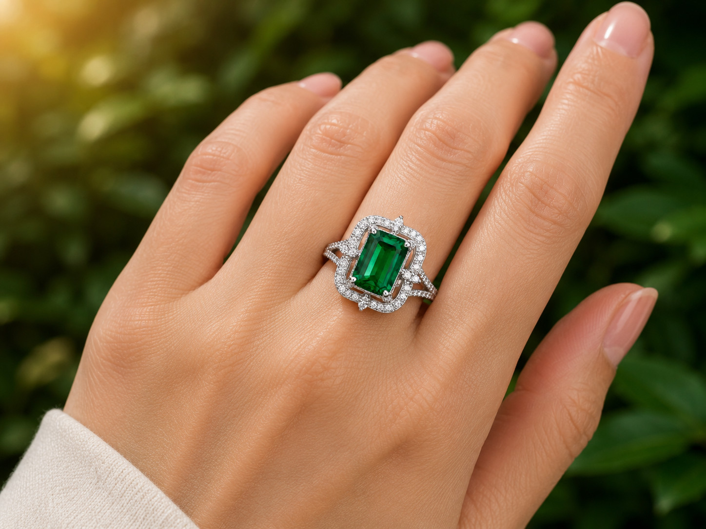 4Ct Lab Created Green Emerald Halo Engagement Wedding Ring 14k White Gold Plated