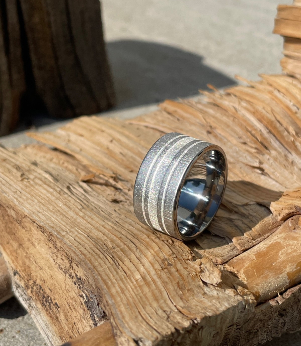 10mm Titanium with Silver Inlay Stripes, Made to Order, Wide Widths, Ring Jewelr