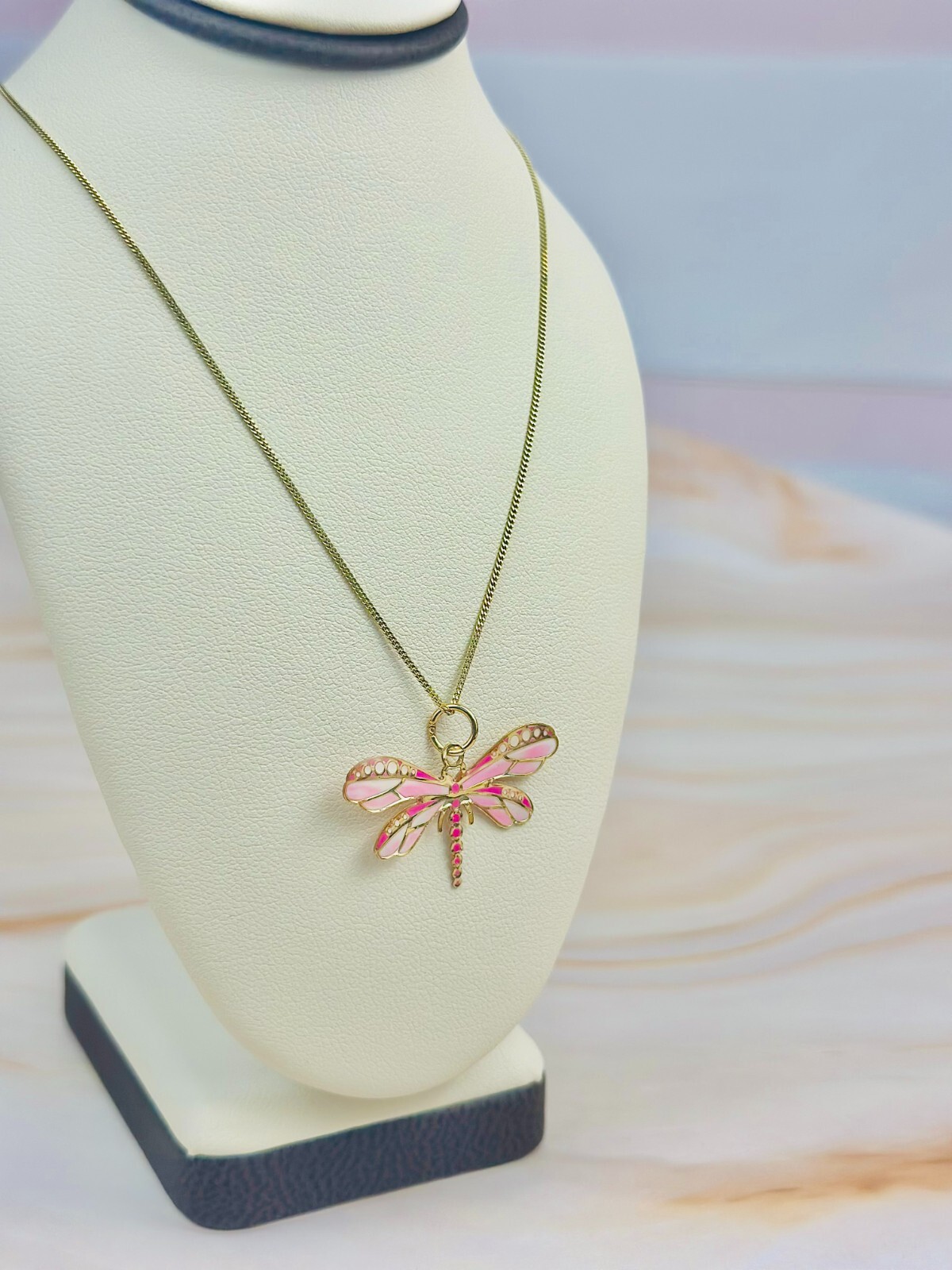 14K Solid Gold Pink Dragonfly Pendant Insect, Animal Necklace Hand-Painted Italy