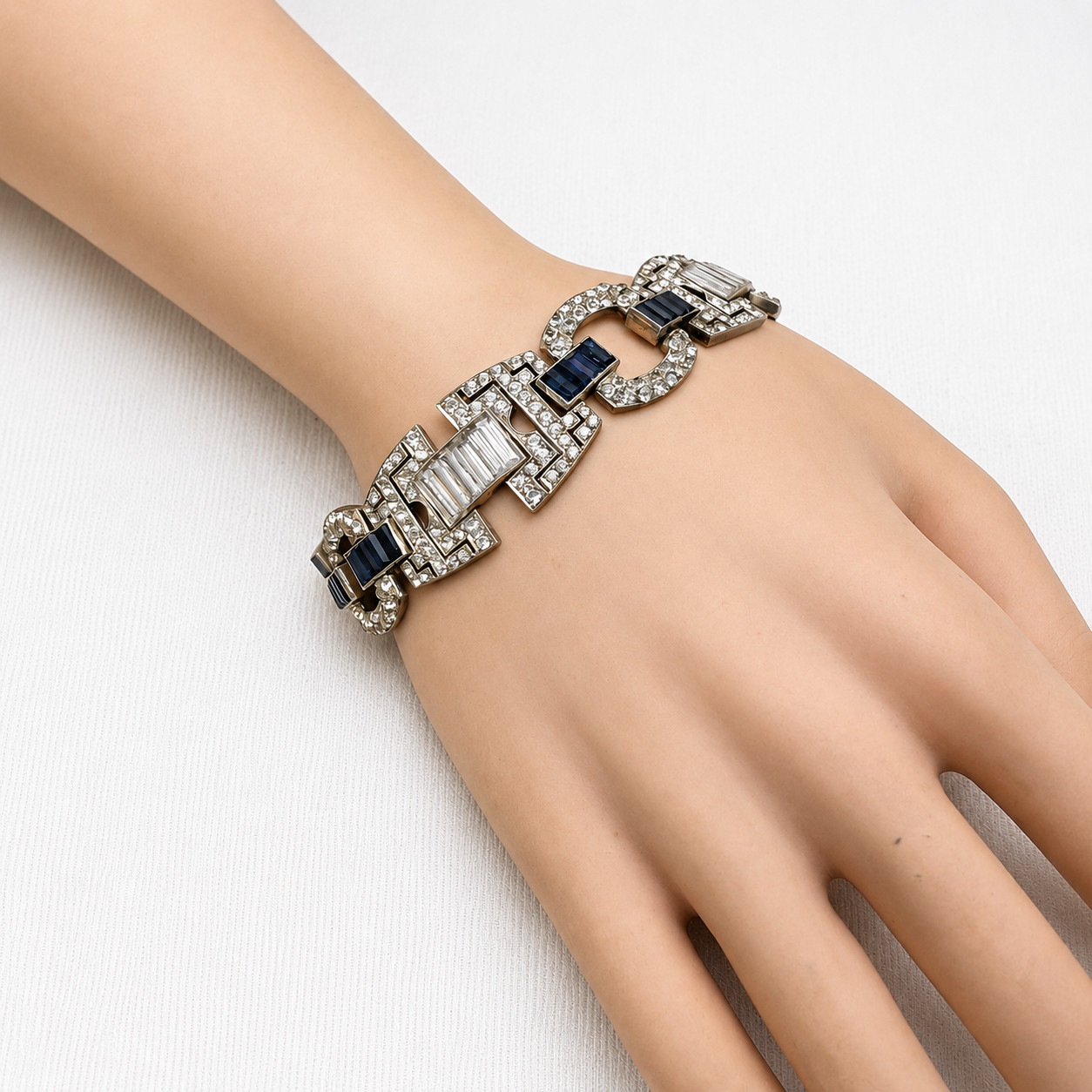 Antique Art Deco 935 Silver Bracelet Blue Clear Glass Argentina 7 7/8 in