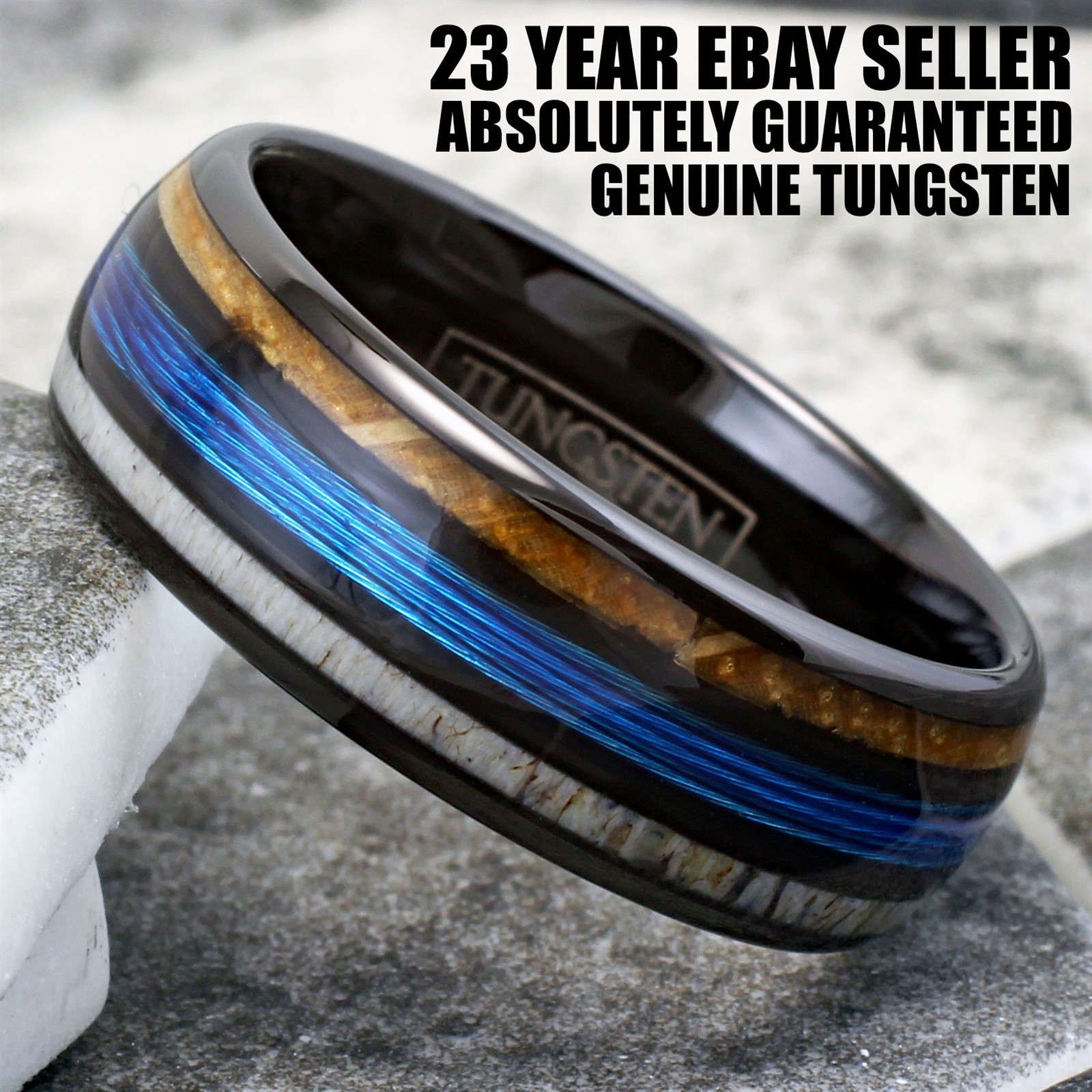 Tungsten Carbide Men’s Ring Blue Fishing Line-Whiskey Barrel & Deer Antler Band