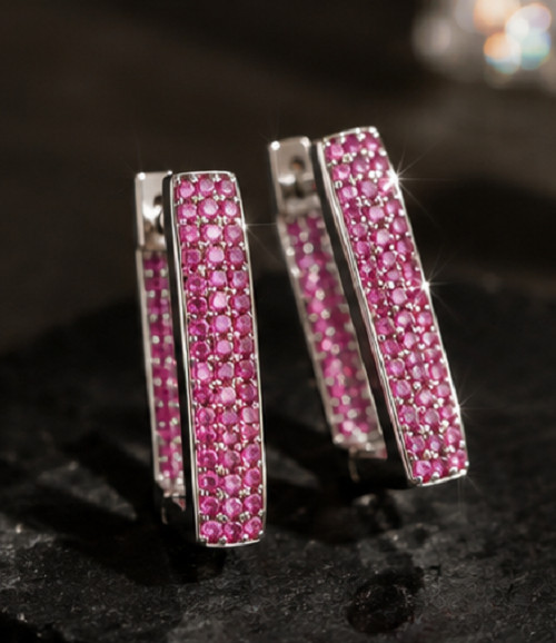 1.5ct Simulated Pink Ruby Rectangular Women’s Hoop Earrings14K White Gold Plated