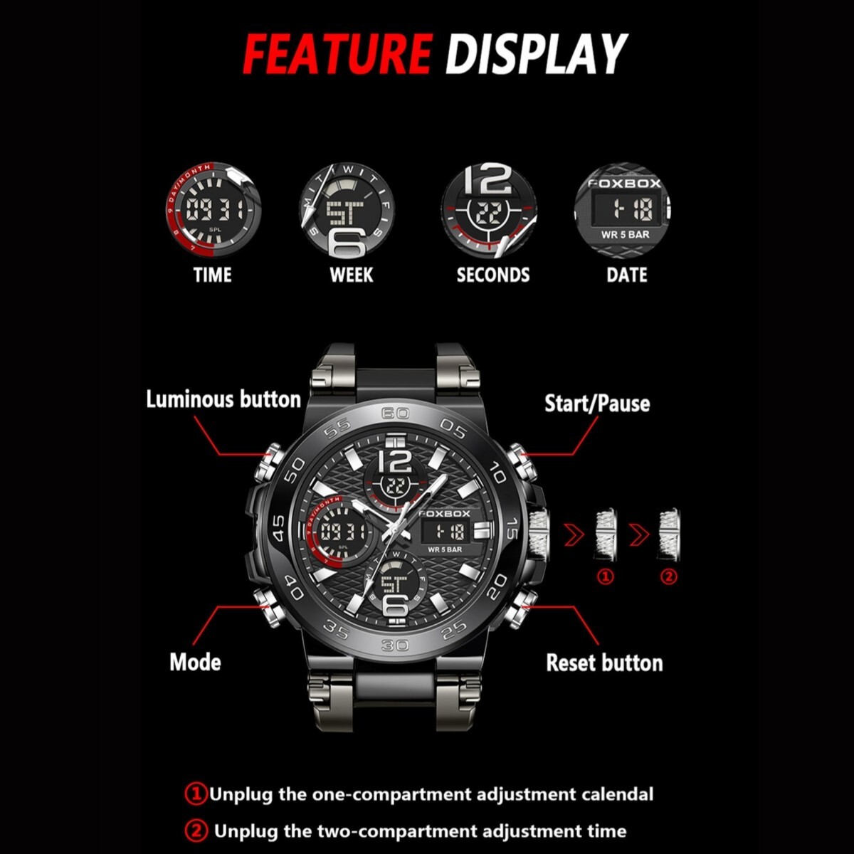 Men’s Watch Quartz Date Luminous Big Dial 5ATM Waterproof Man Casual Wristwatch