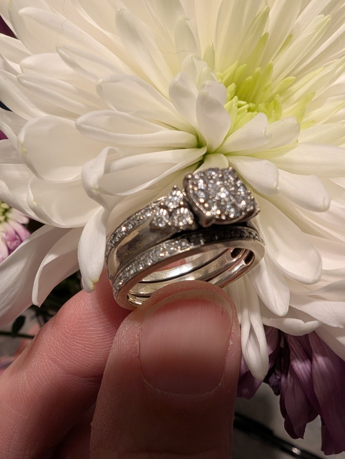 White Gold Diamond Cluster Engagement Wedding Ring Set, Round, Size 6