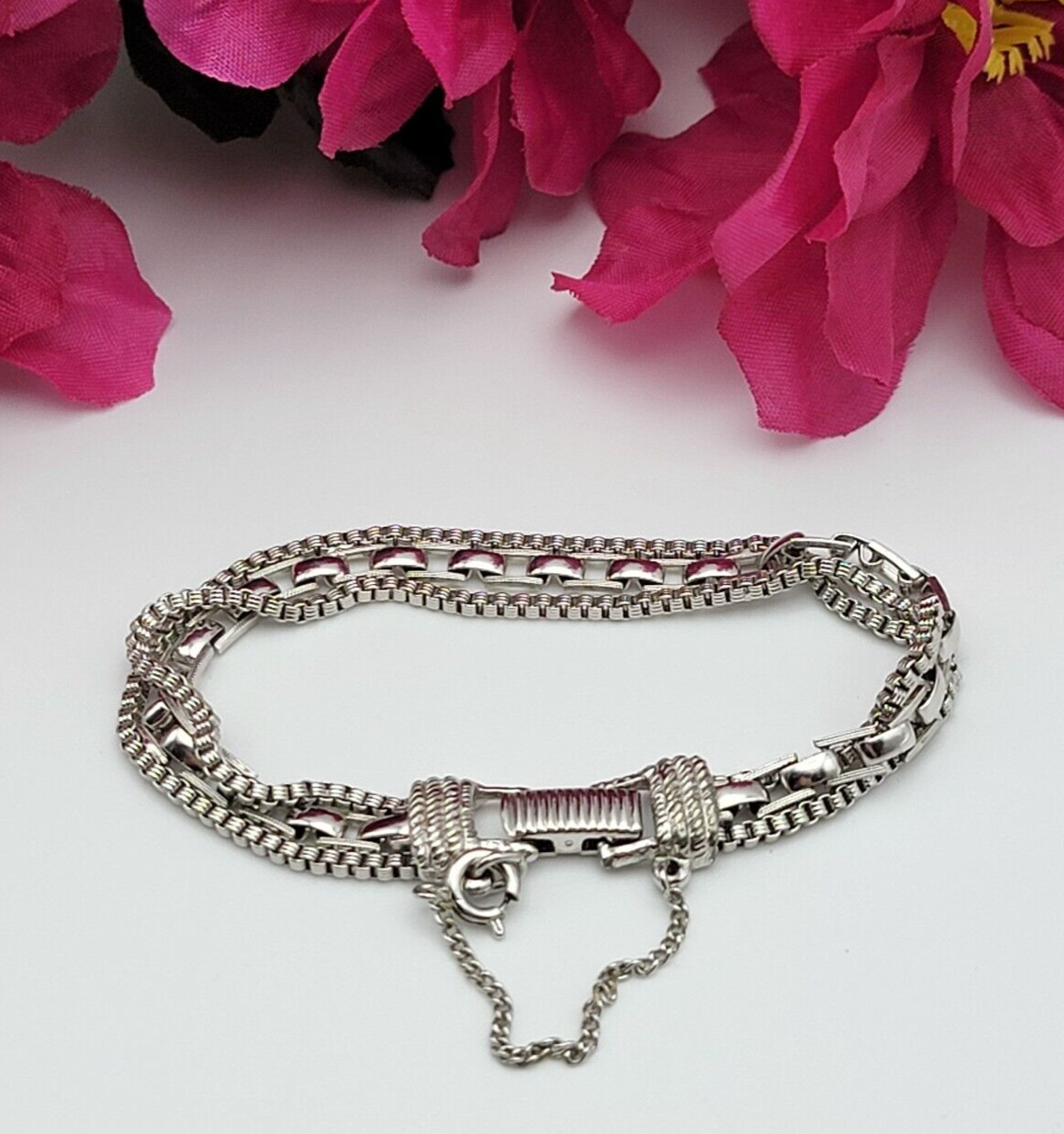Goldette Bracelet Silver Tone Three-Row Fold Over Clasp Safety Chain 7 Inch