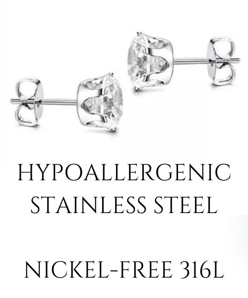 CZ Birthstone Stud Earrings, 3/4/5/6/7/8mm, Hypoallergenic Stainless Steel 316L