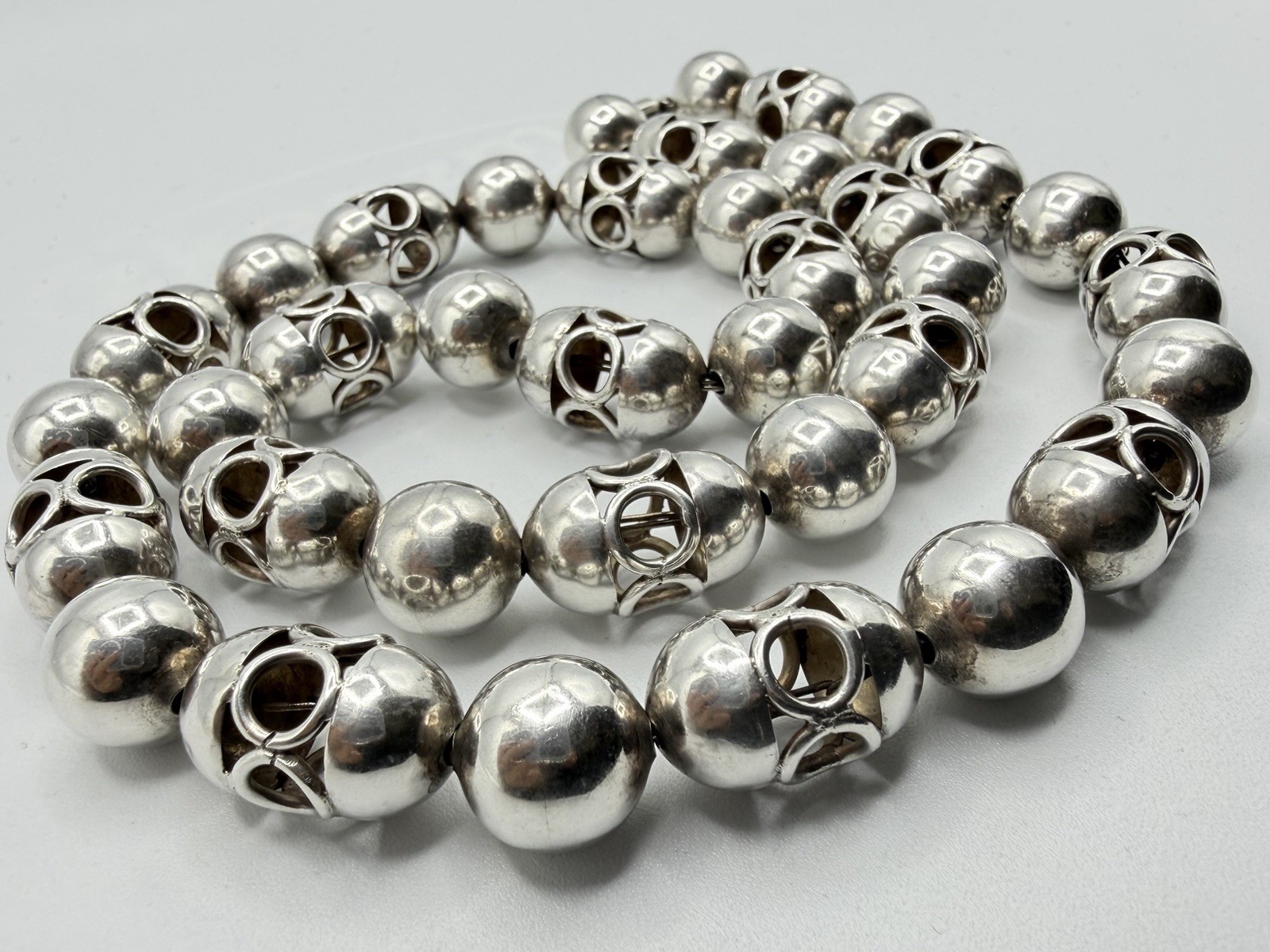 114g VTG Taxco Mexico 925 Sterling Silver Lantern Ball Bead Heavy Necklace 27”
