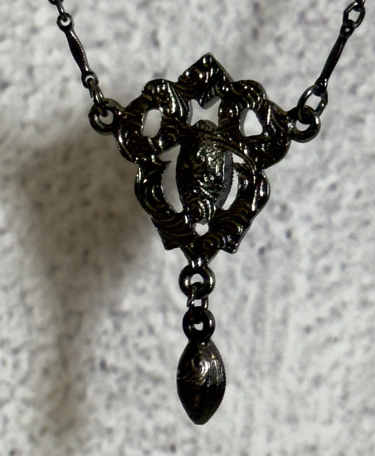 VTG 1928 Jewelry Co Black Rhinestone Marquise Y Drop Necklace Gunmetal Gothic