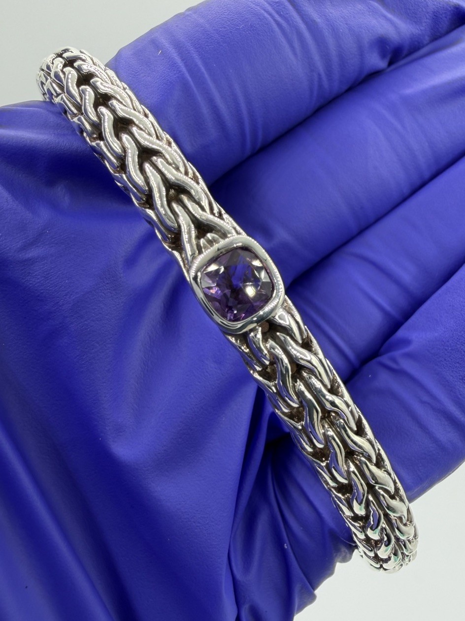 John Hardy 925 Sterling Silver & Purple Amethyst Cuff Bracelet 6.3mm 27.8g Sz 7