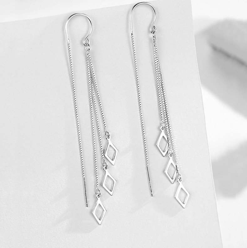 Silver Plated Geometric Square Tassel Threader Dangle Drop Pull Earrings I48