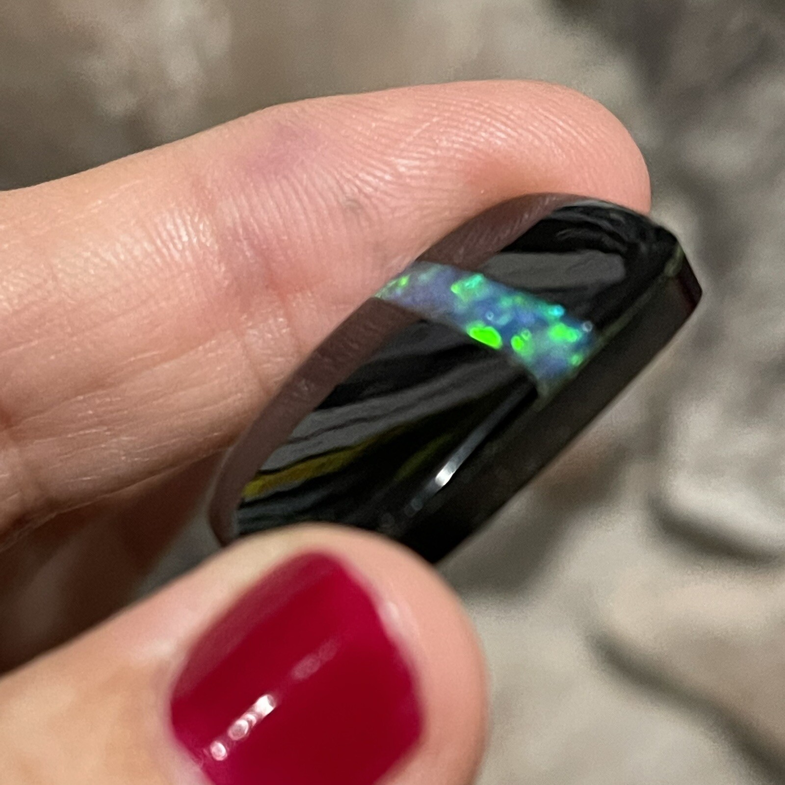 29ct 27.4c17.2×6.2mm Black Onyx And Lab Created Opal Inlay Intarsia Cabochon