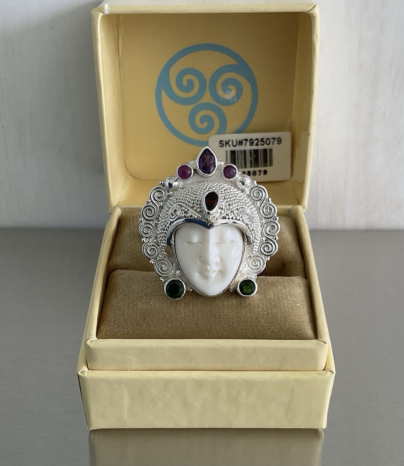 Sajen Silver Carved Goddess Ring Multi Gemstones 925 Sterling Silver Size 7
