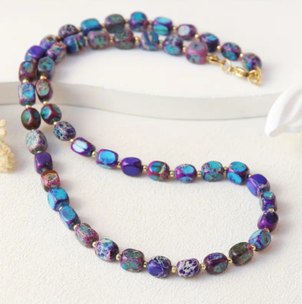 Handcrafted Boho Purple & Blue Sea Sediment Stone Beaded Necklace Gold Accents