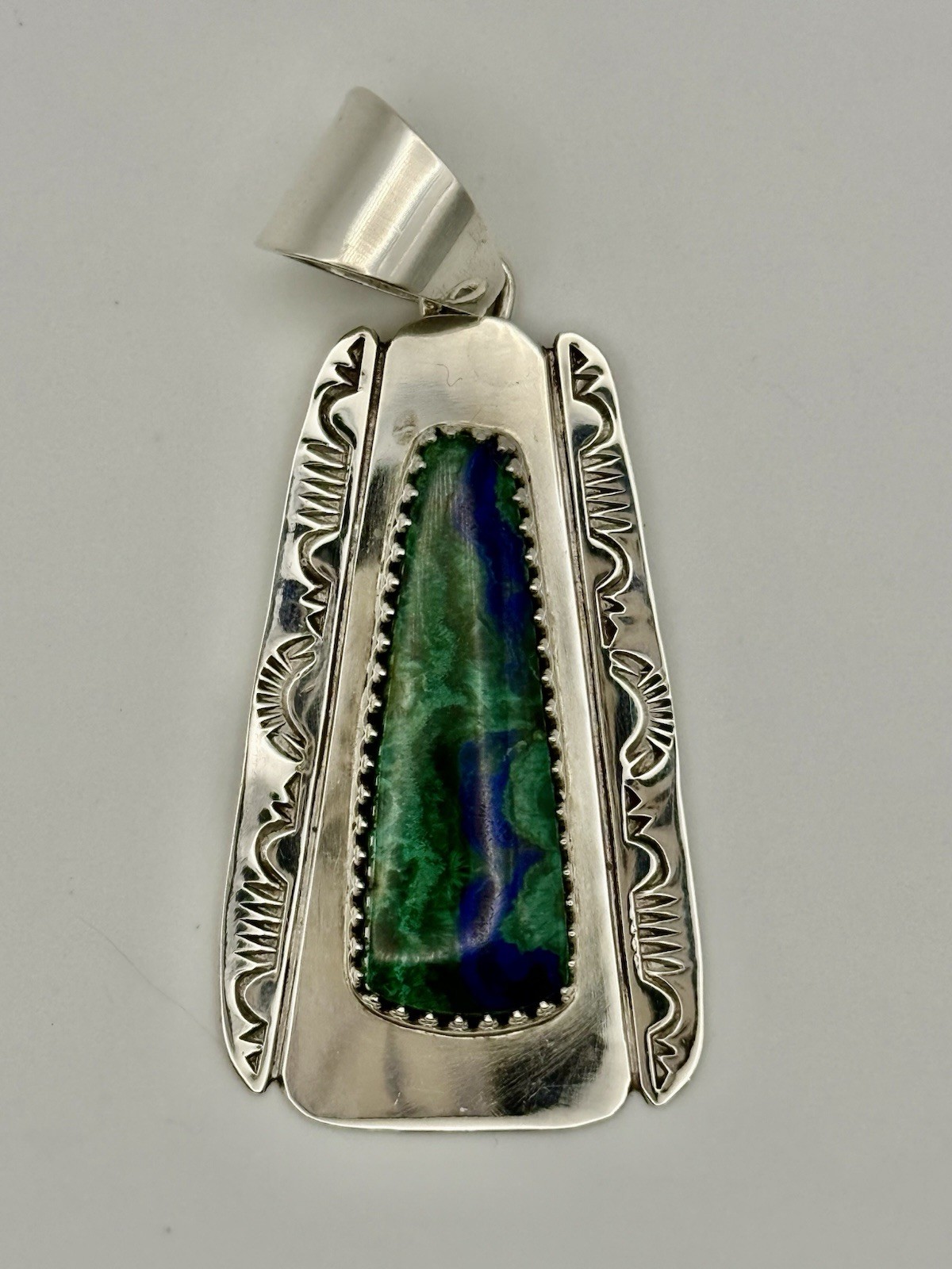 Navajo Sterling Silver Stamped Azurite Malachite Pendant Gerald Mitchell