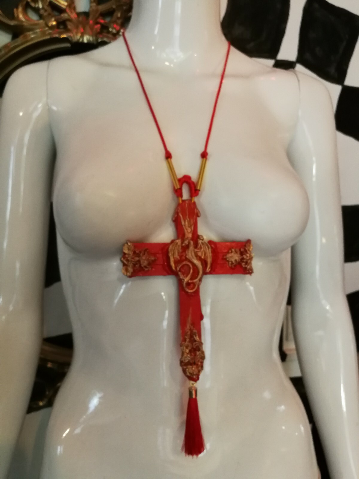 red dragon rouge cross crucifix wood witch pendant magical talisman pagan gothic