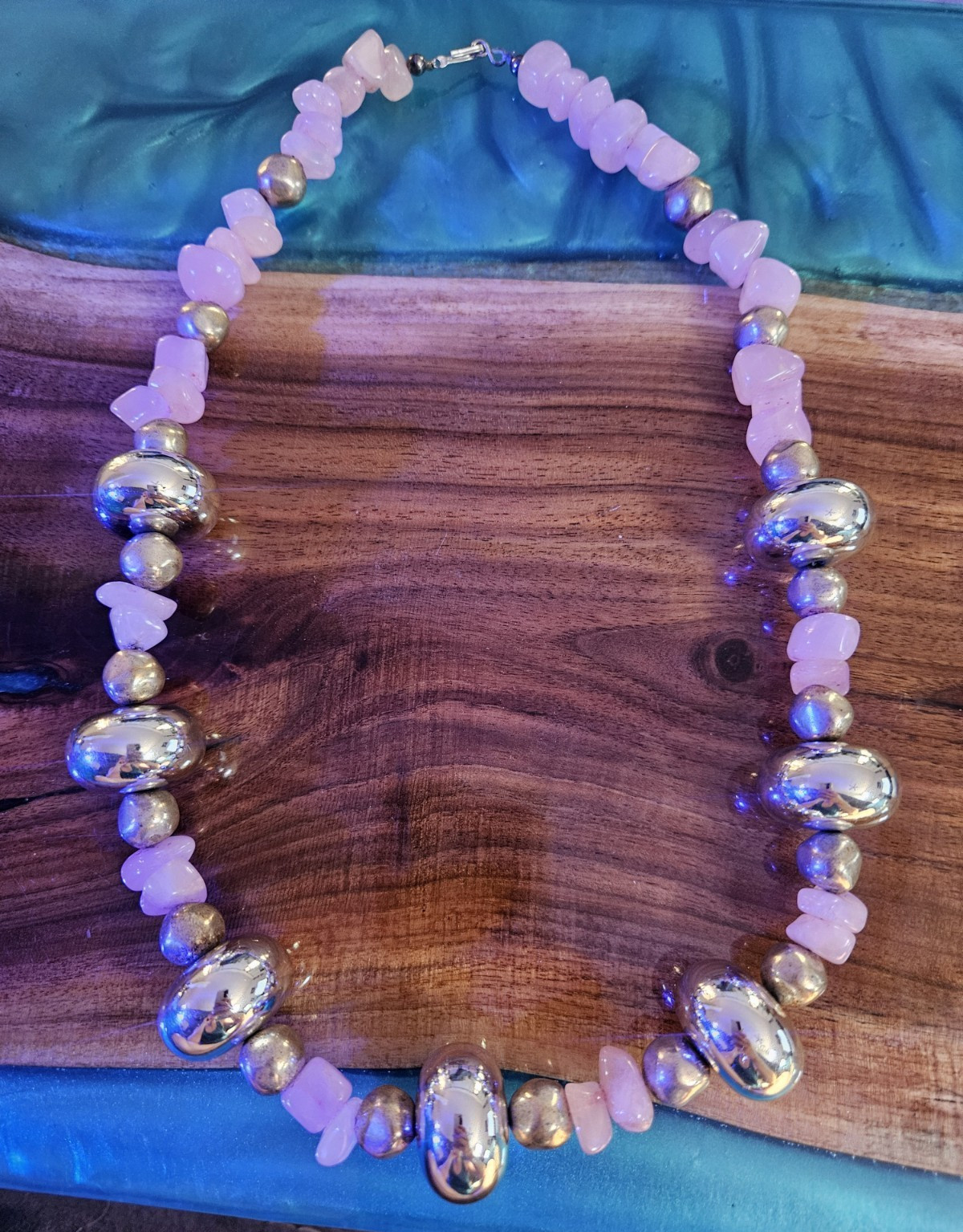 Vintage Chunky Rose Quartz And Silver Beaded Hook Closure Necklace