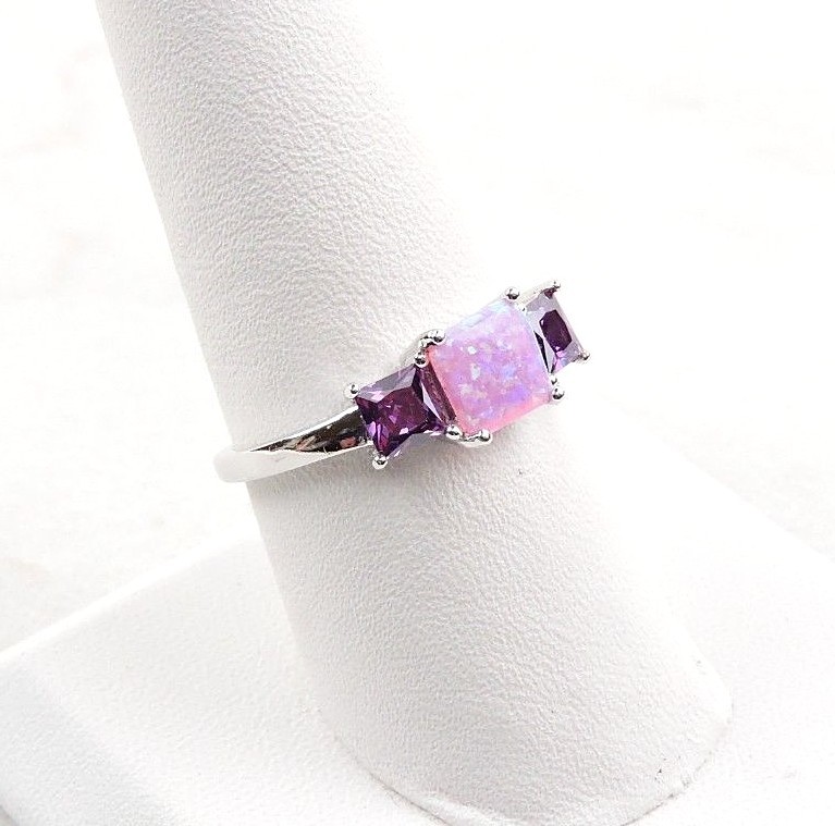 Sterling Silver 2.25 cttw Pink Opal And Purple Cubic Zirconia 3 Stone Ring