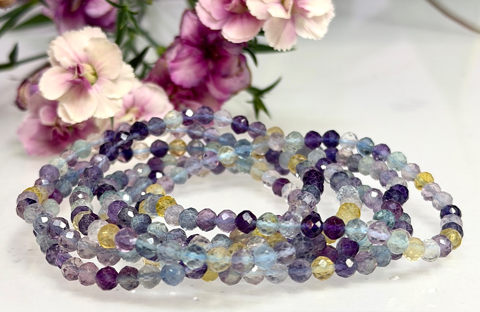 Wholesale 6 Pcs Natural Fluorite 4mm Faceted 7.5” Stretch Bracelet