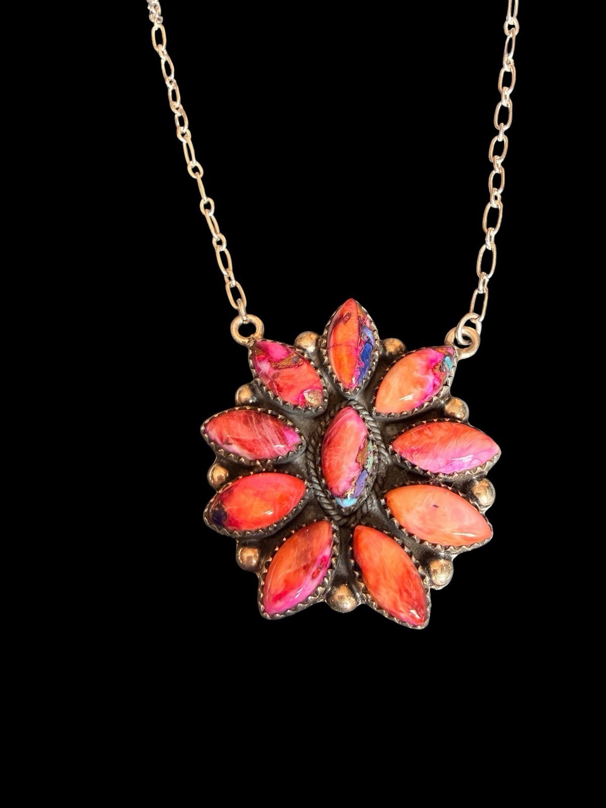 BEAUTIFUL SOUTHWEST STERLING SILVER DAHLIA ROSE TURQUOISE STONE FLOWER NECKLACE
