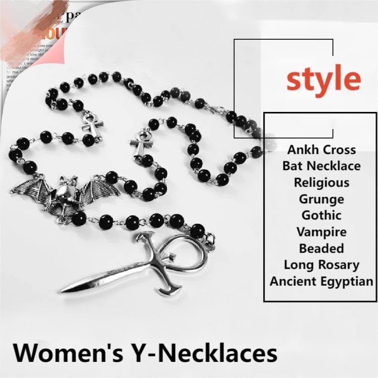 Ankh Cross Bat Necklace Religious Grunge Gothic Vampire Black Long Rosary Bea…