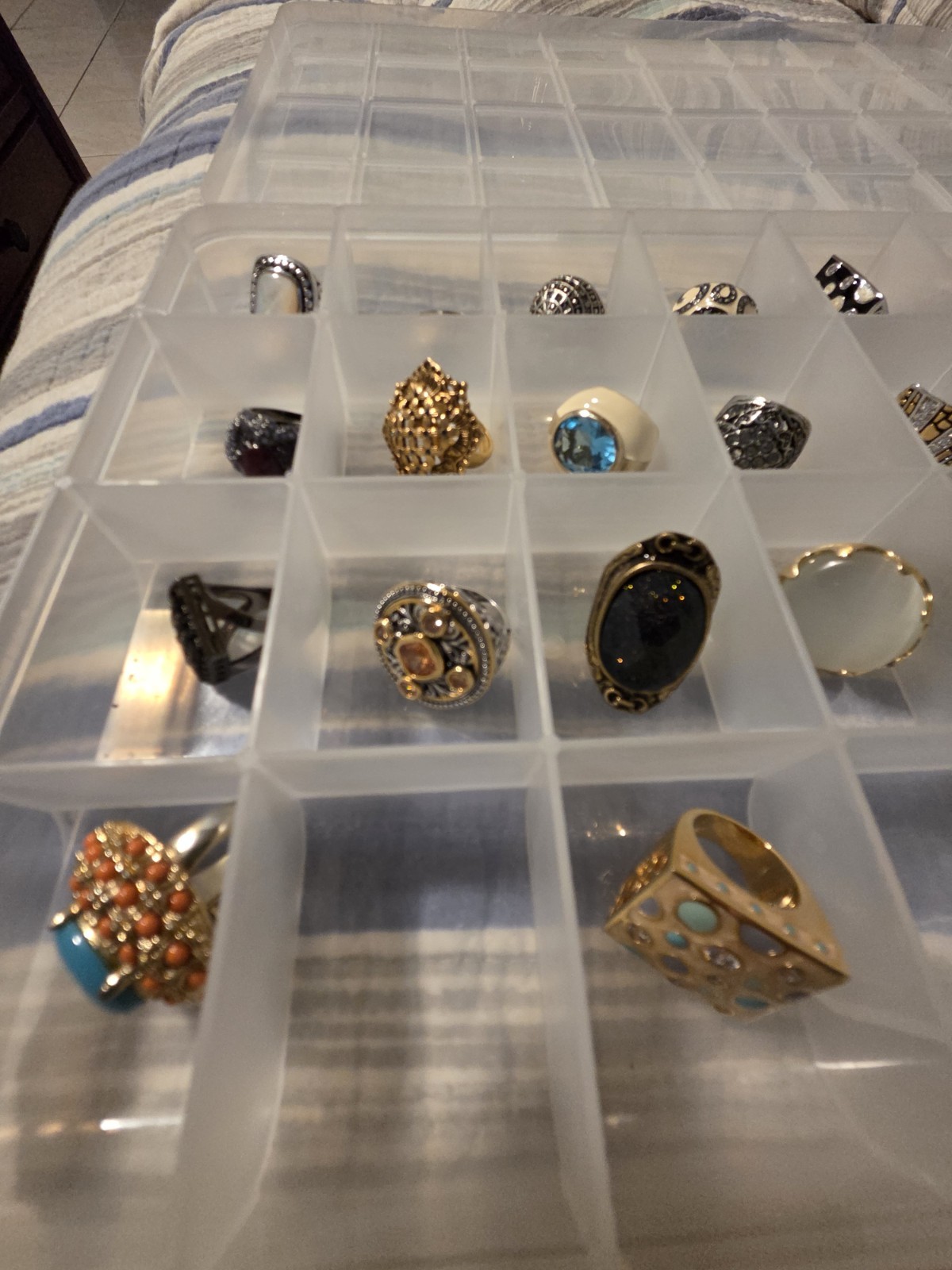 28 Pc Estate Costume Ring Lot Chunky Statement Chico’s Cannes 18K HGE w/ Tray