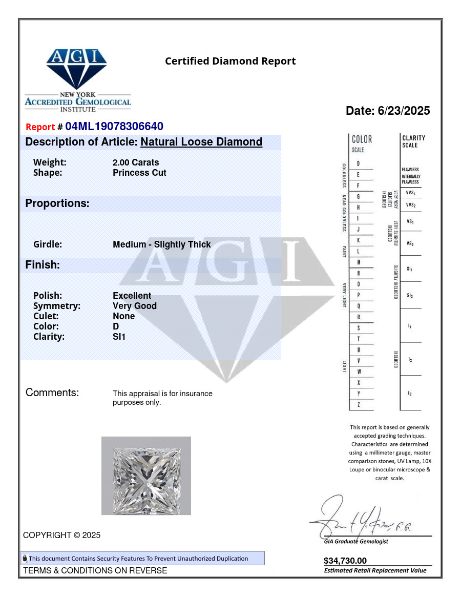Princess Cut 2 CT Certified AGI Natural Mined Diamond Loose D color SI1 clarity