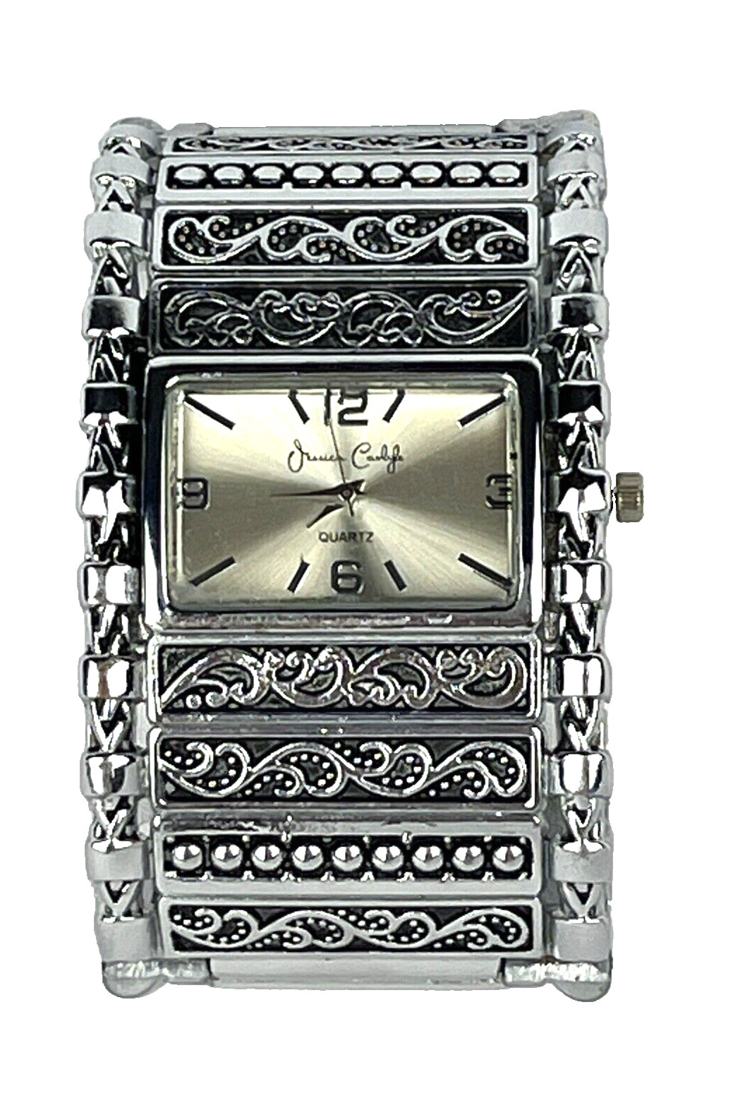 Jessica Carlyle Women’s Wide Bangle Cuff Watch Silver Tone Ornate 8377 New Batt