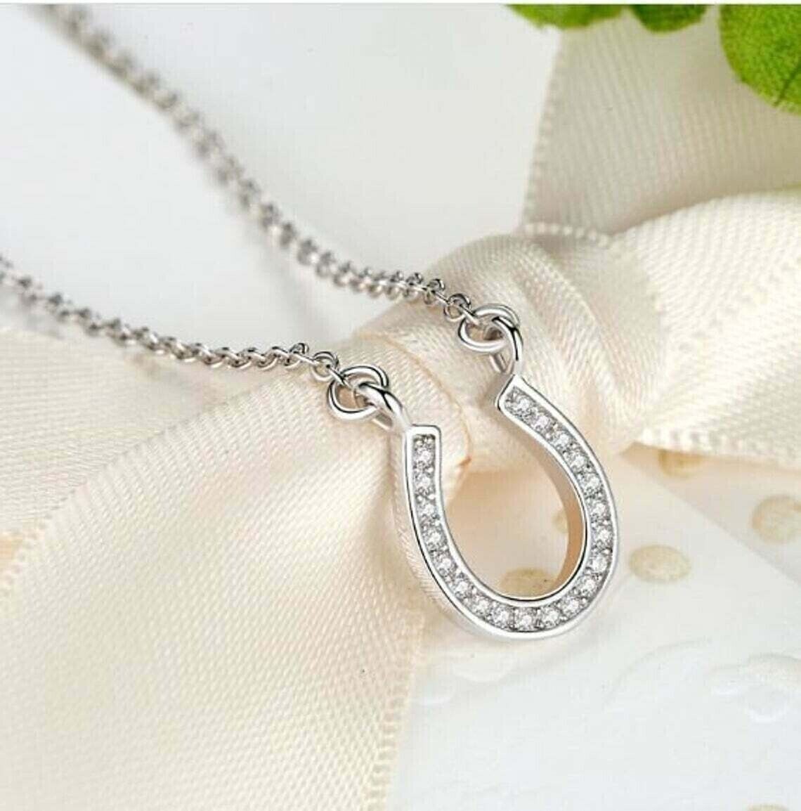 Round Cut Simulated Diamond Women’s Horseshoe Pendant 14K White Gold Plated.