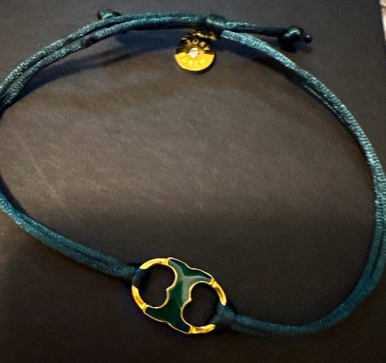 Adjustable Green Cord Drawstring Bracelet w/ Gold-Tone Enamel Link