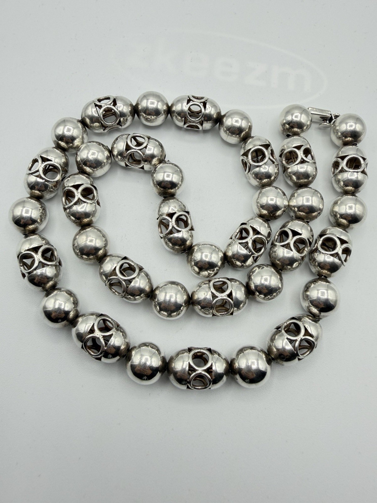 114g VTG Taxco Mexico 925 Sterling Silver Lantern Ball Bead Heavy Necklace 27”
