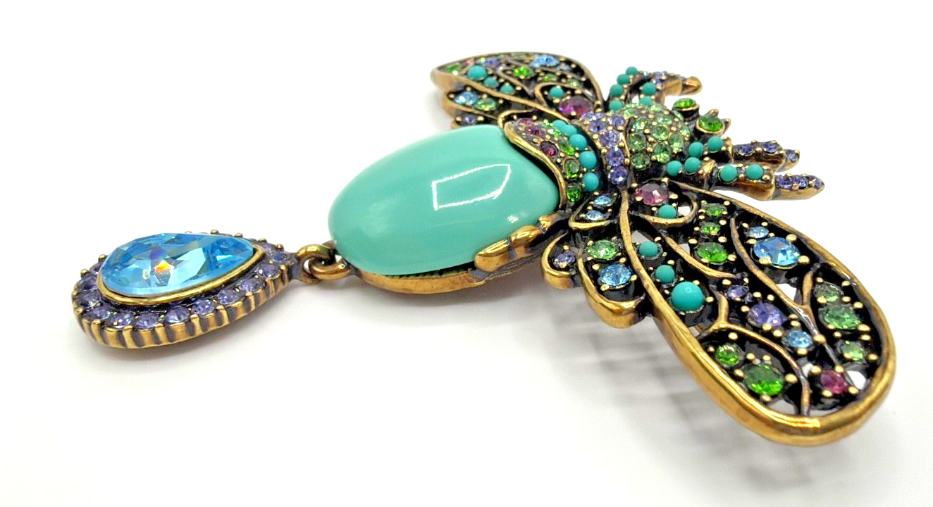 HEIDI DAUS Jeweled Embellished Faux Turquoise Cabochon & Crystal Brooch
