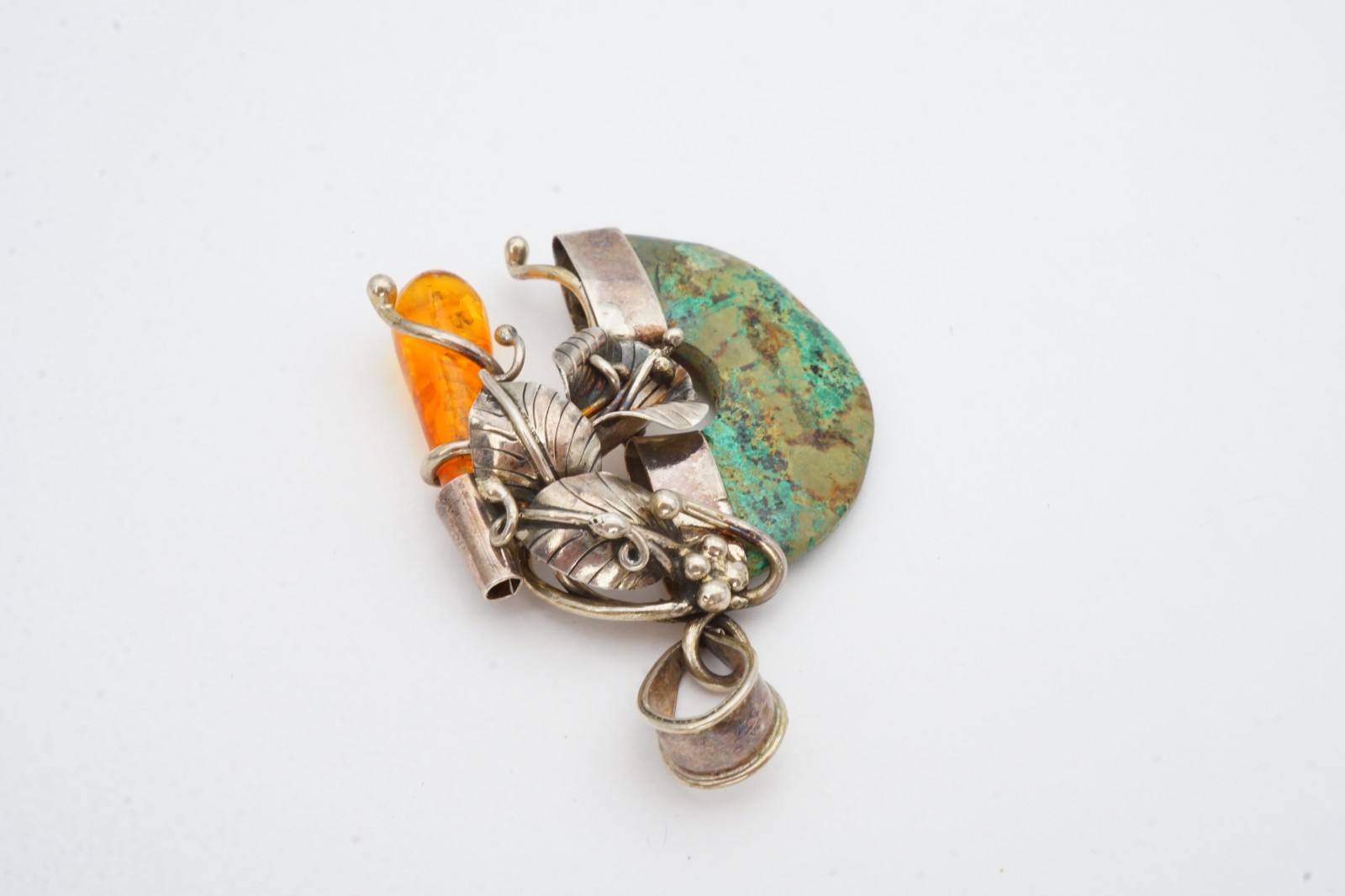 Vintage Sterling Silver 925 Amber Turquoise Pendant