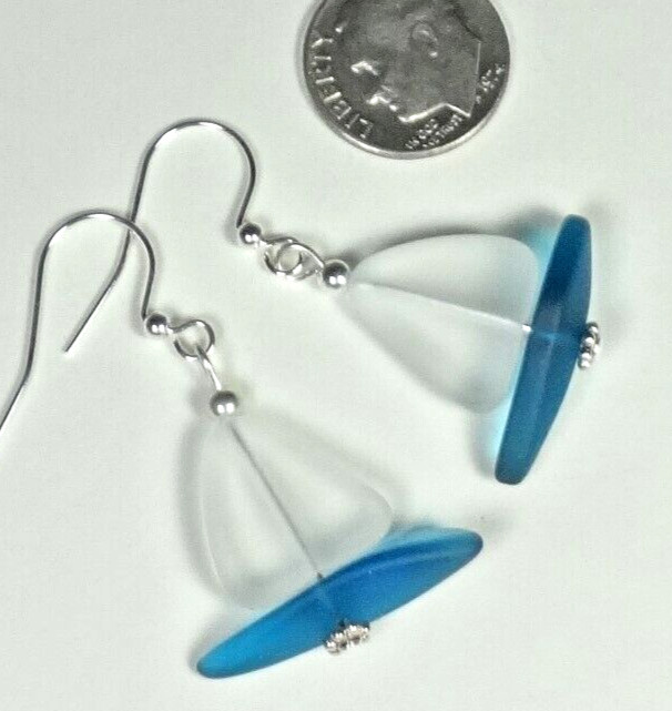 Frosted CRYSTAL SAIL Beach glass nautical jewelry TEAL hull handmade earrings