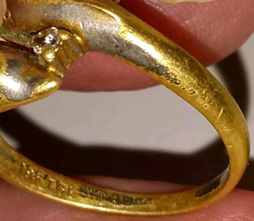 Double Dolphin Size 7 Ring With Gemstones Worn Patina 18K Stamped GF Or GE?
