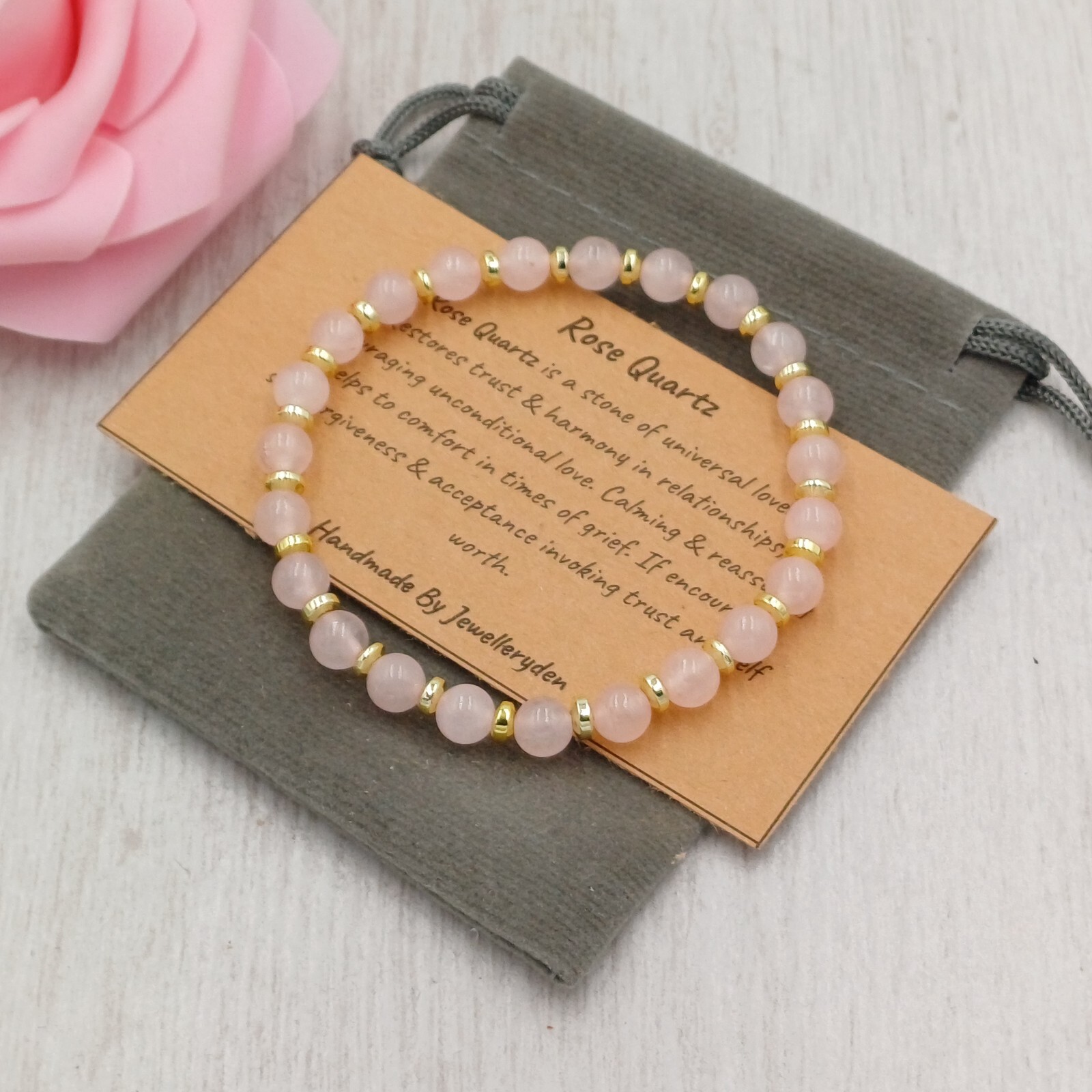 ROSE QUARTZ Bracelet Stretch Handmade + Gift Bag & Card Crystal Gemstone 6/8mm