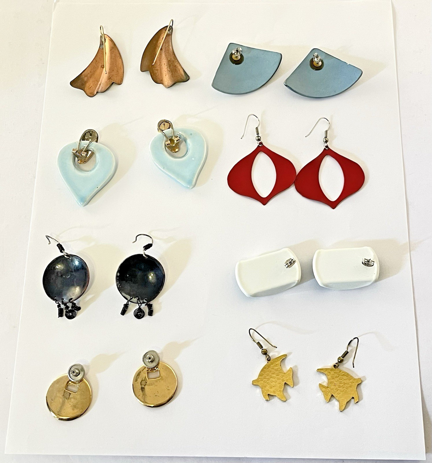 Vintage Earrings Pierced Enamel Ceramic Copper Gold-Tone Abstract 8 Pairs