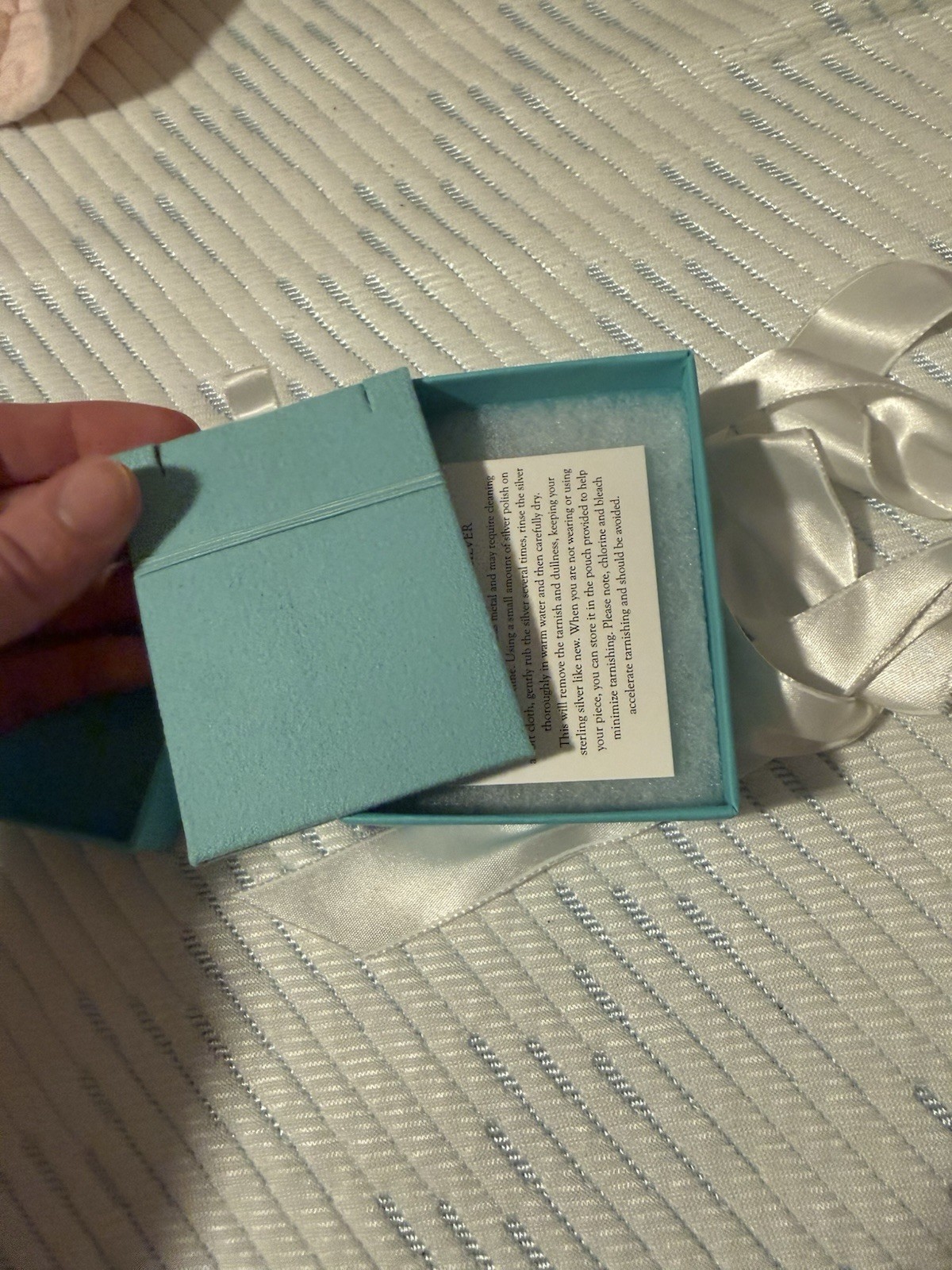Tiffany & Co. Blue Square Jewelry Gift Box w/ White Ribbon & Jewelry Pouch