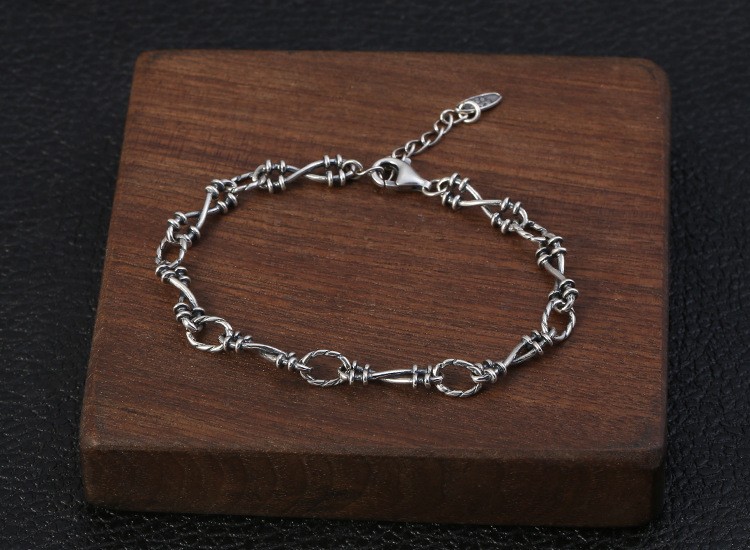 Solid 925 Silver Barbed Wire Style Bracelet Oxidized Thai Silver Punk Jewelry