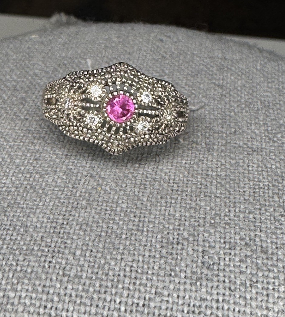 Vtg Sterling Silver Filigree Ring With Ruby & CZ Accents Size 7.75
