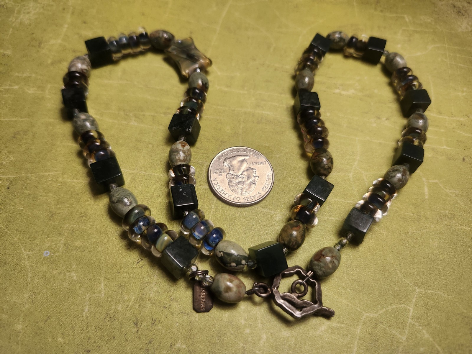 Handcrafted Artisan Jasper Agate Beaded Necklace Cube Earth Tone Boho