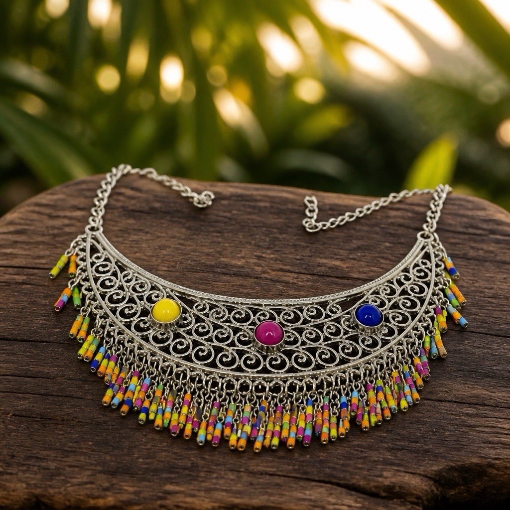 Silver Tone Bohemian Bib Choker Necklace, Multicolor Beads, Adjustable Cable