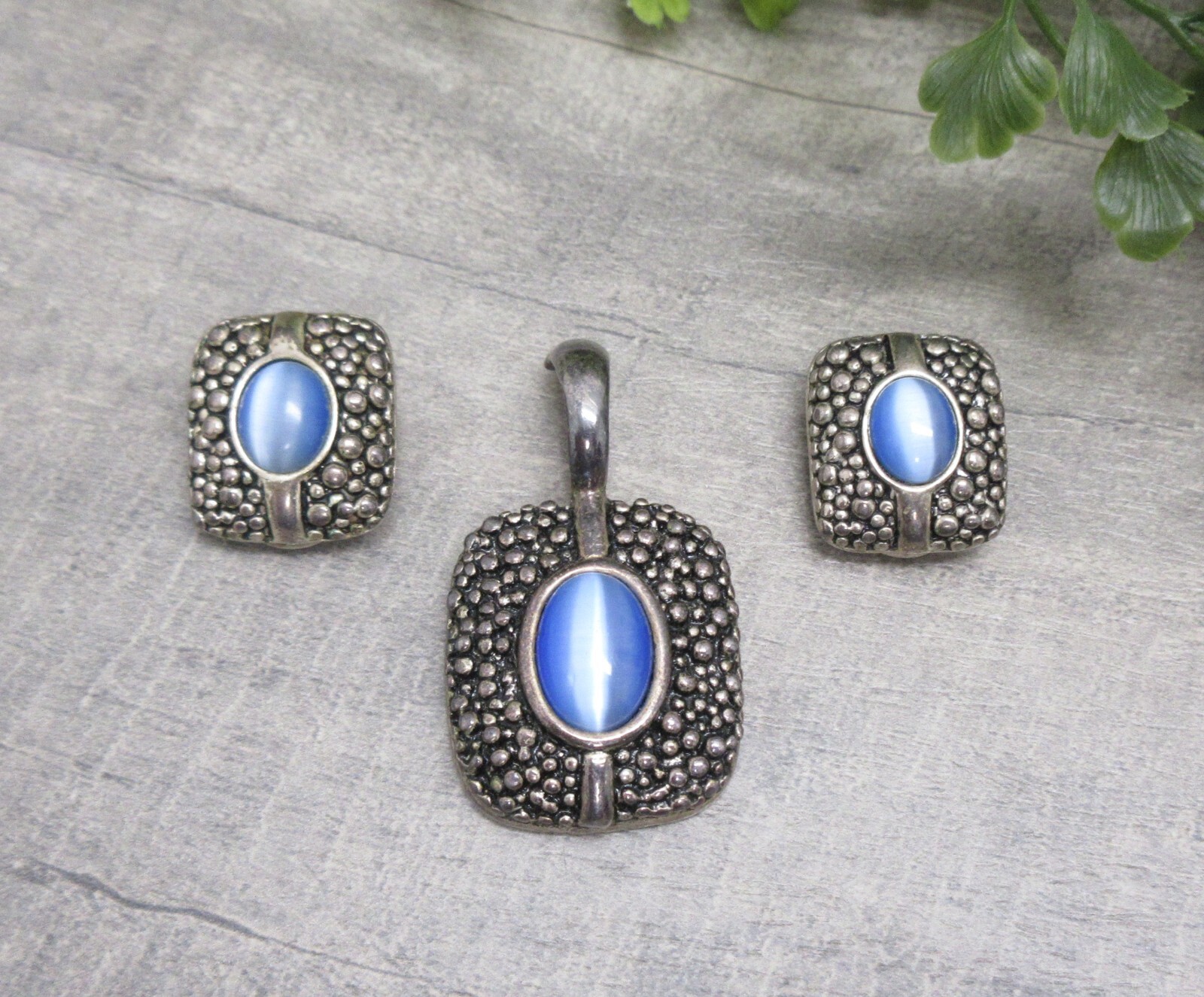 Premier Designs Jewelry Set Pendant & Clip Earrings Silver Blue Oval Tigers Eye