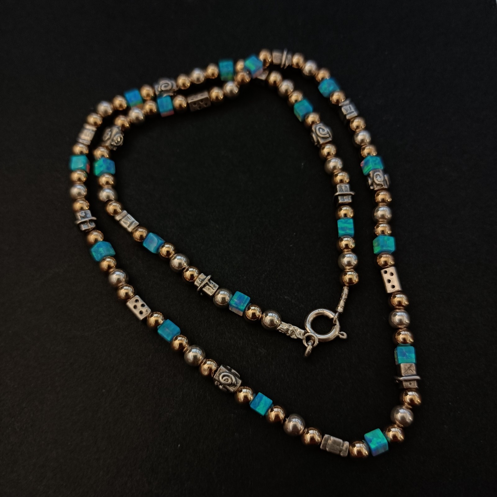 Israeli Modernist Necklace Sterling Silver Gold Filled Artisan Chic Blue Stone