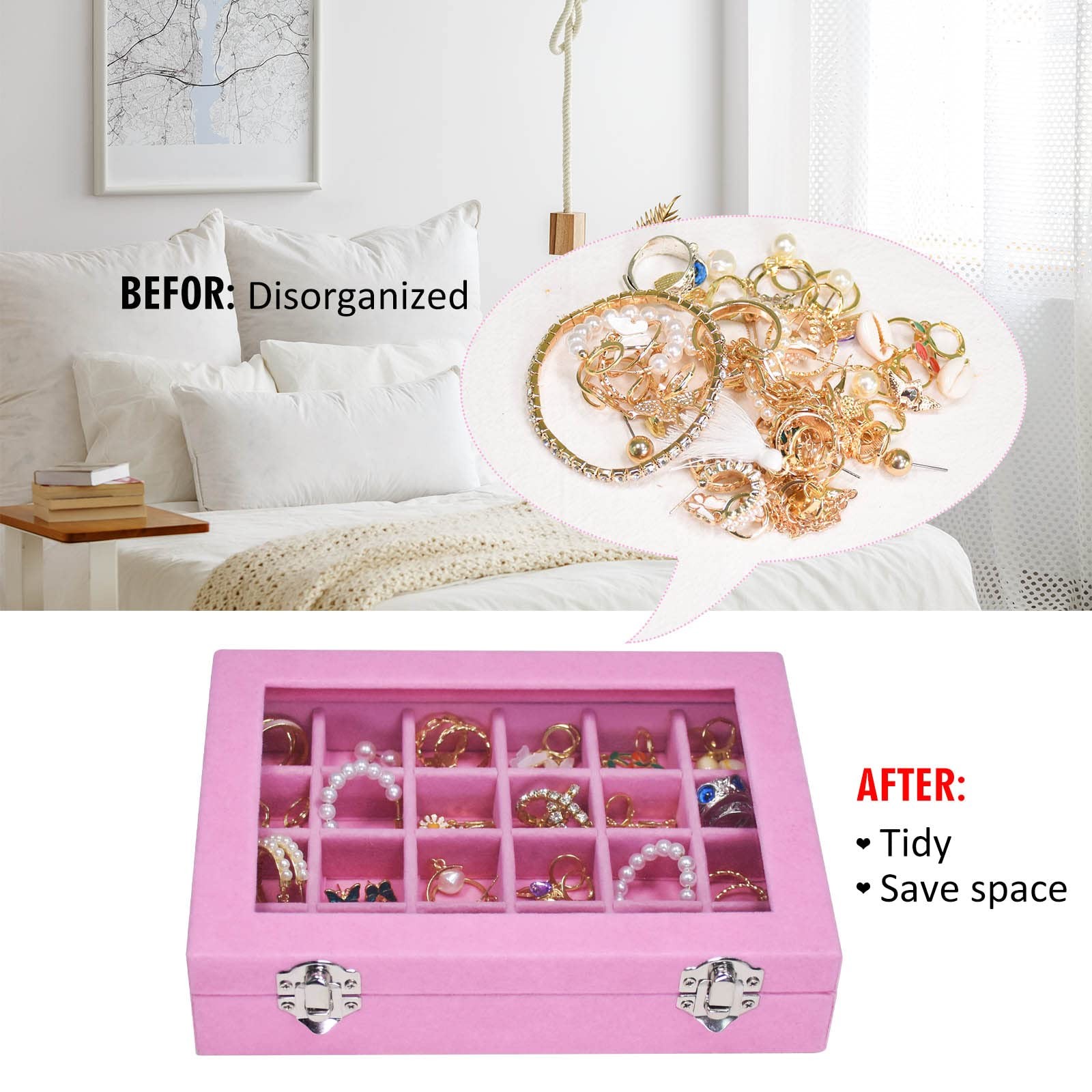 Velvet Jewelry Box 24 Grid Ring Display 24 Grid, Pink