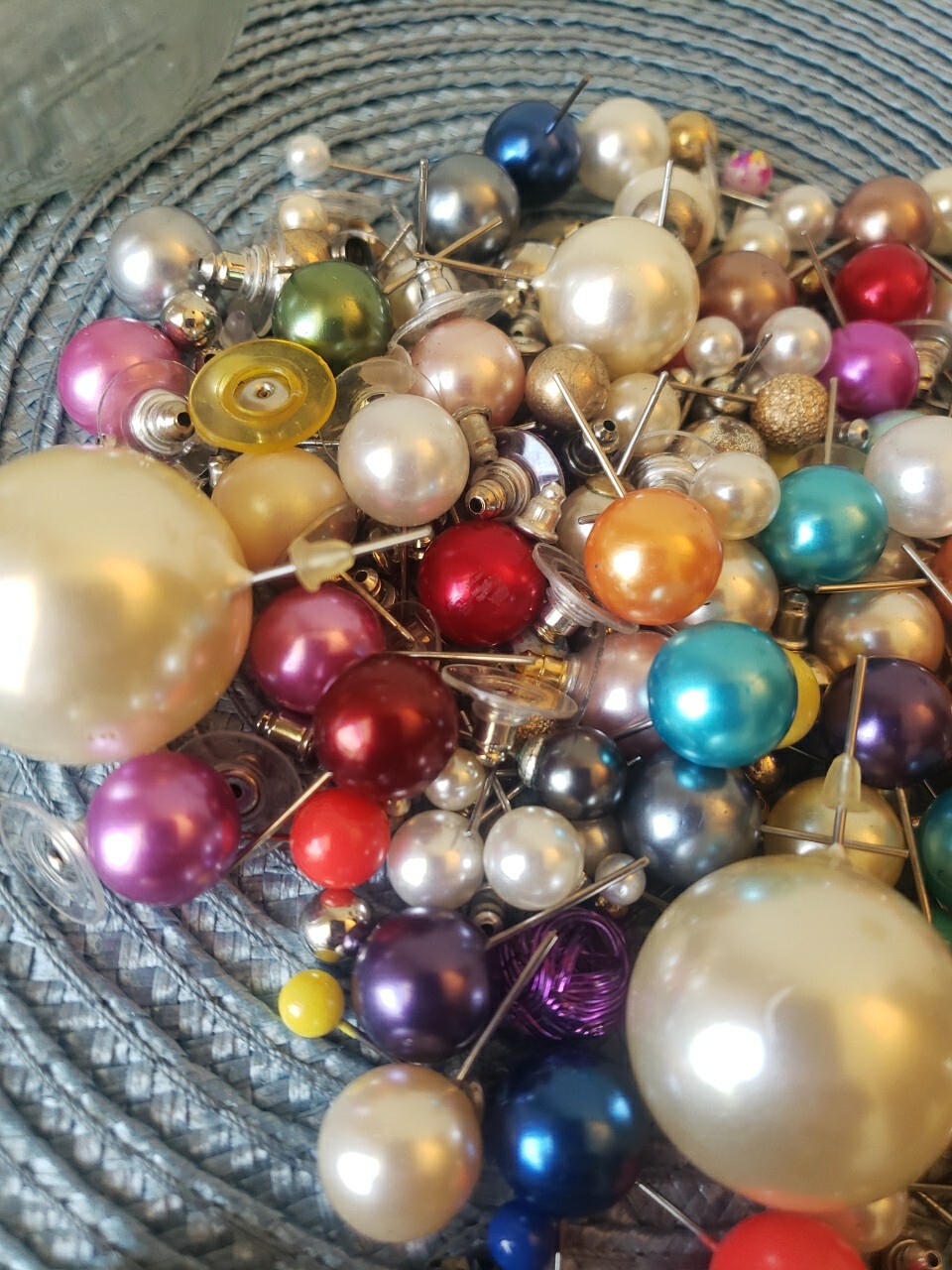 Lot Of Earrings In A 1/2 Pint Jar All Colored Balls Stud Matching And Cleaned