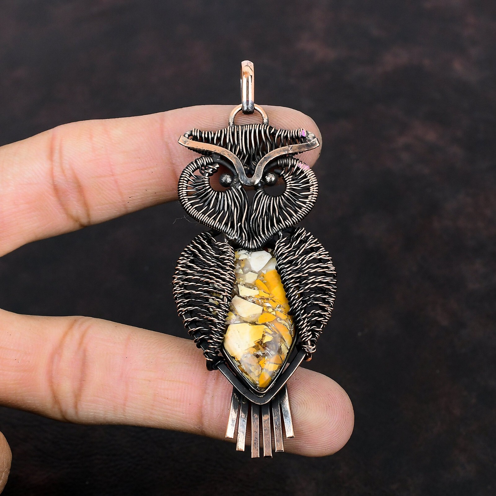 Brecciated Mookaite Jewelry Copper Mother Gift Wire Wrapped Owl Pendant 3.27″