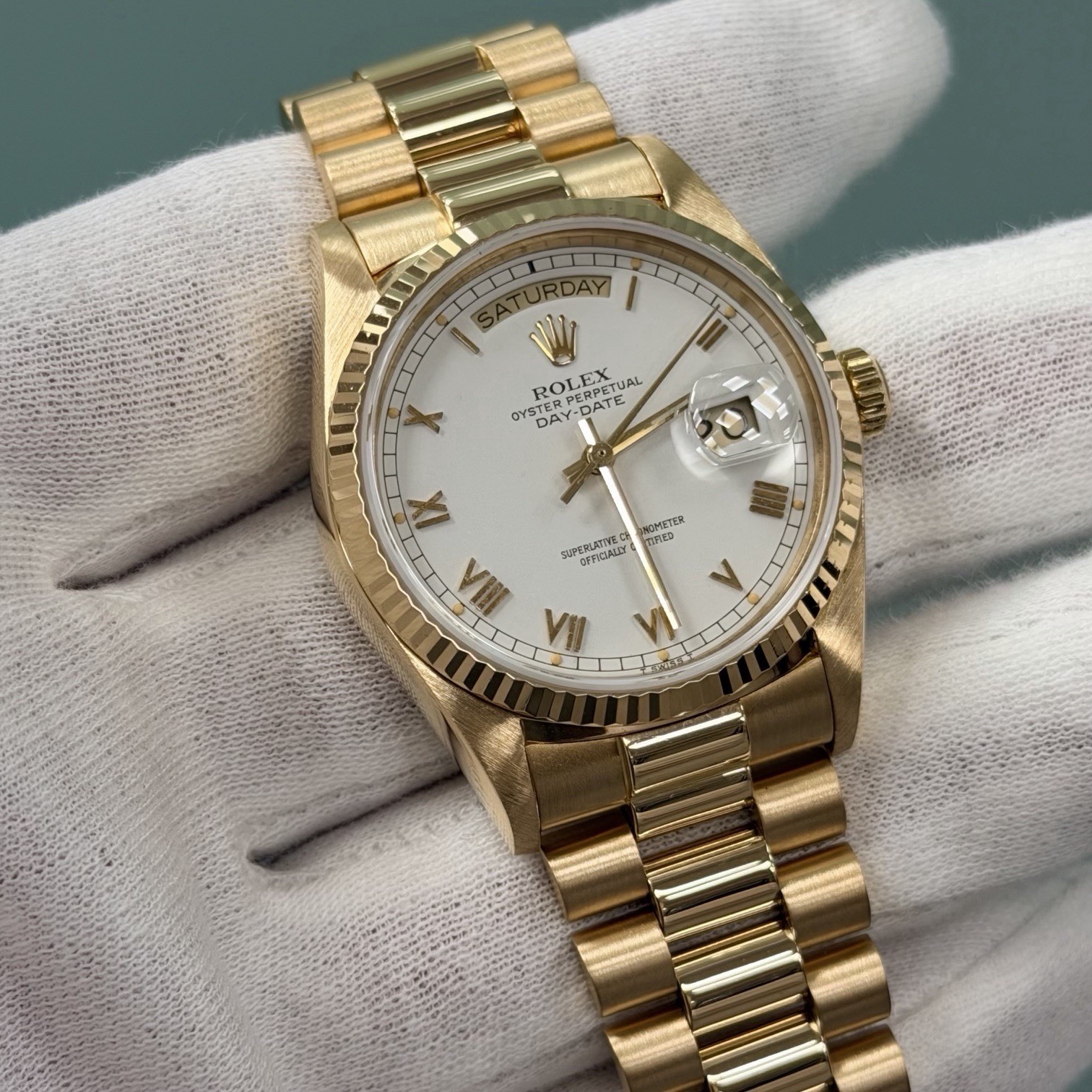 Rolex Day Date President 18038 36mm Quickset White Roman Dial 18k Yellow Gold