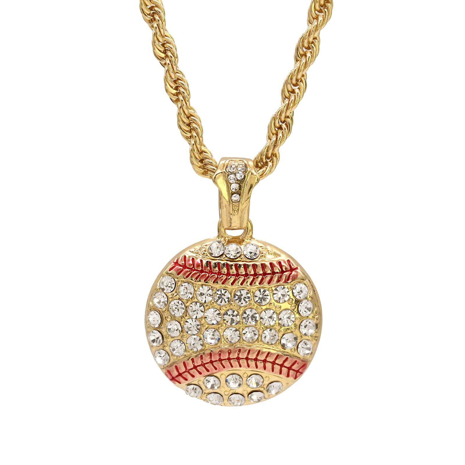 Baseball Pendant Iced Cubic-Zirconia 24″ Rope Chain 18k Gold Plated Hip Hop