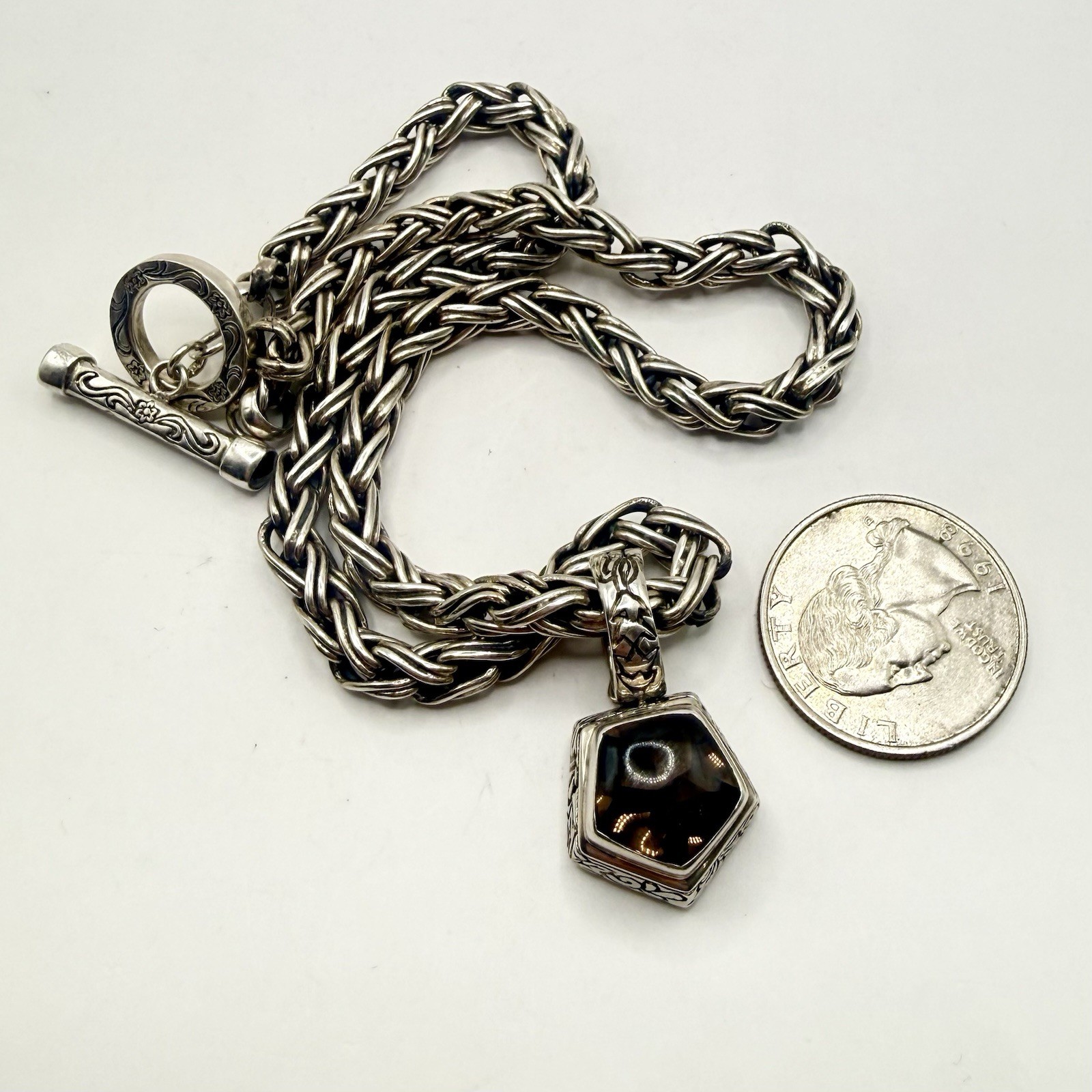 Fuzion 925 Sterling Silver Smoky Quartz Braided Chain Necklace 14” 50g Designer